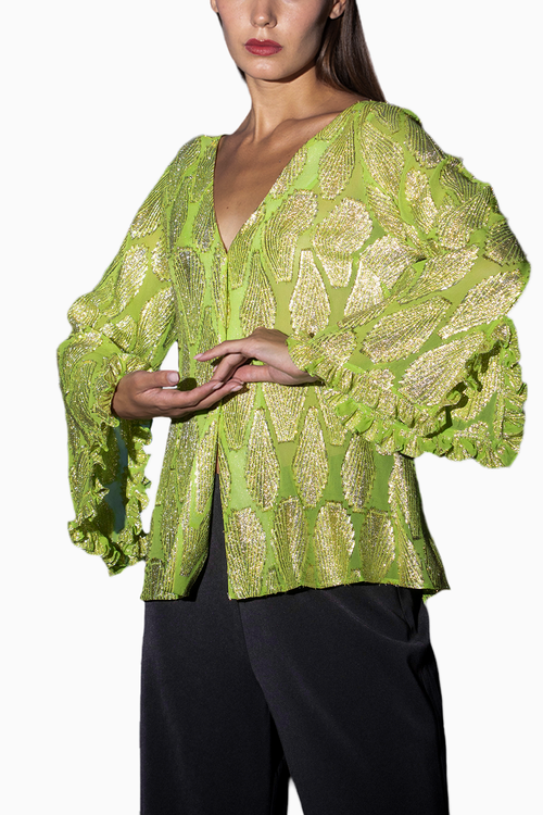 Green V  Neck Top With Flared Sleeves