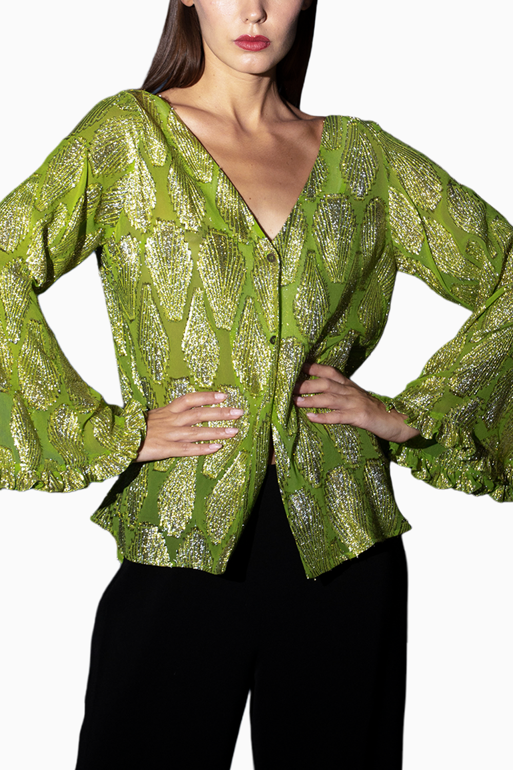 Green V  Neck Top With Flared Sleeves