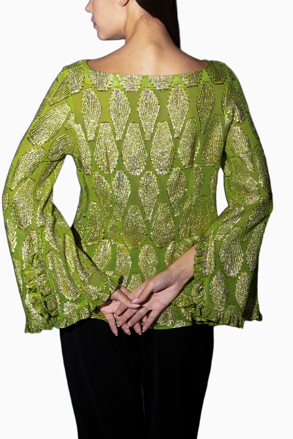 Green V  Neck Top With Flared Sleeves