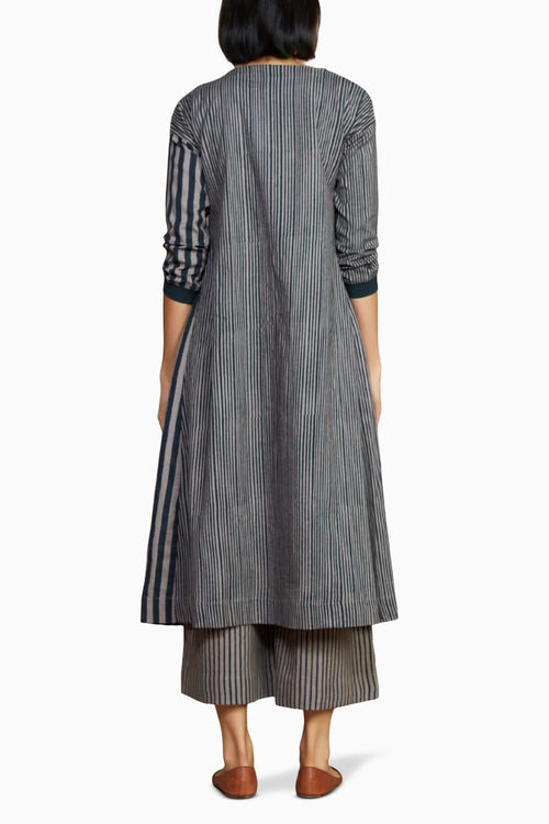Grey with Charcoal Striped Pleated Dress