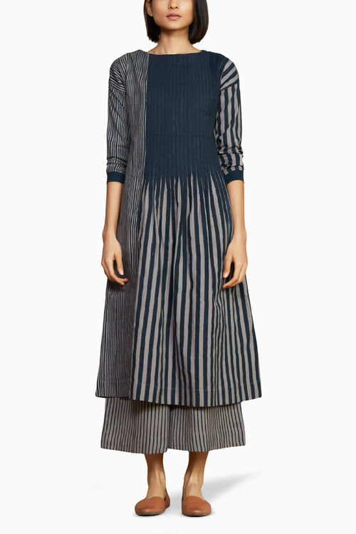 Grey with Charcoal Striped Pleated Dress