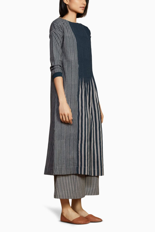 Grey with Charcoal Striped Pleated Dress