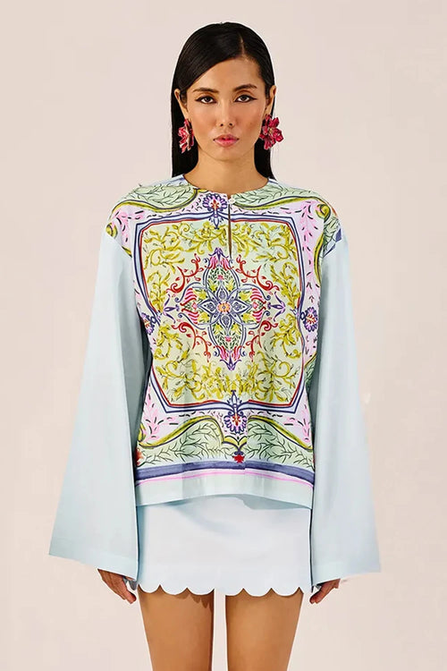 Printed Sky Blue Top With Flared Sleeves
