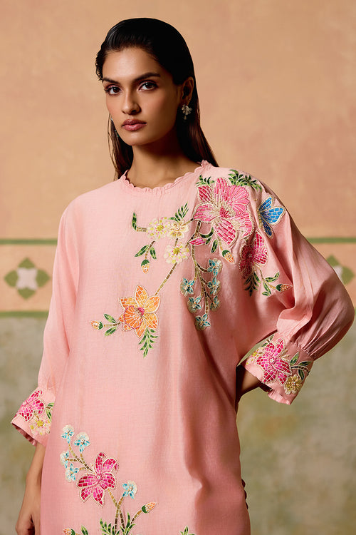 Rose Pink Floral Kimono Kurta with Sheer Detail Pants