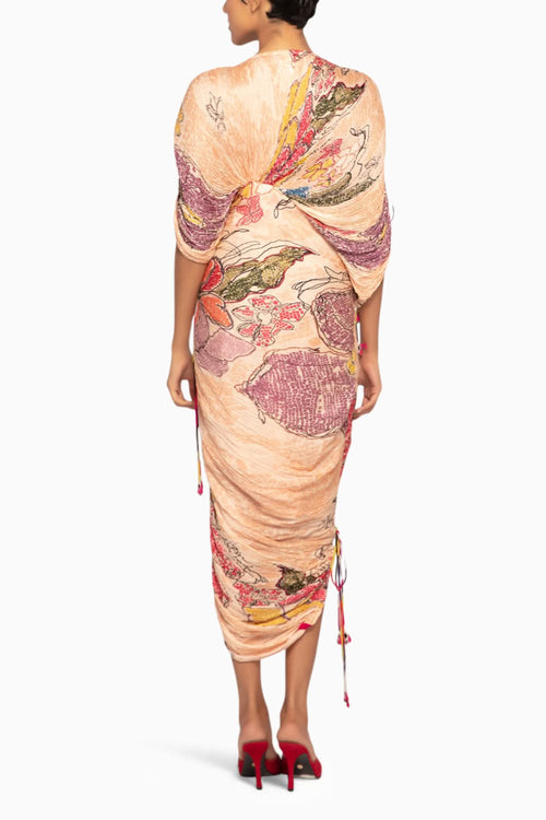 Periwinkle Bandhani Pleated Sari-Style Dress
