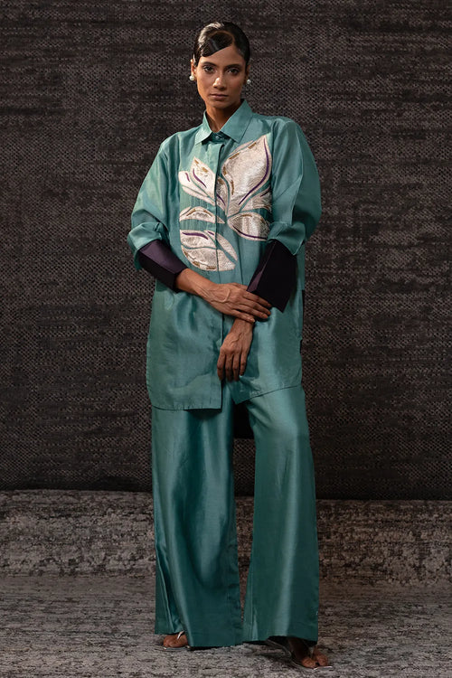 Gulnaar Aqua Leaf Co-ord Set