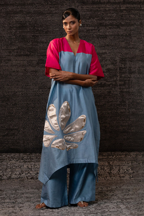 Gulnaar Blue Pink Long Kurta Set