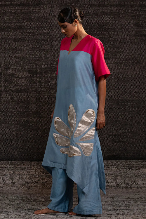 Gulnaar Blue Pink Long Kurta Set