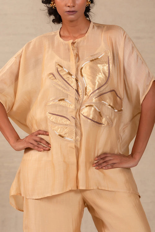 Gulnaar Beige Leaf Applique Co-ord Set