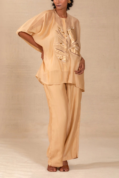 Gulnaar Beige Leaf Applique Co-ord Set
