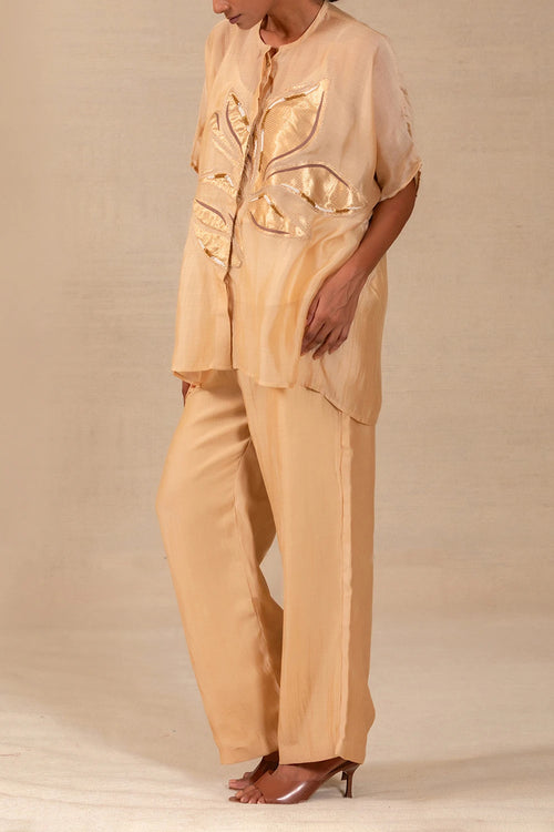 Gulnaar Beige Leaf Applique Co-ord Set