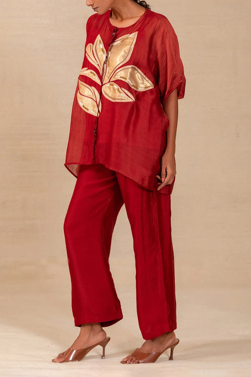 Gulnaar Red Leaf Applique Co-ord Set