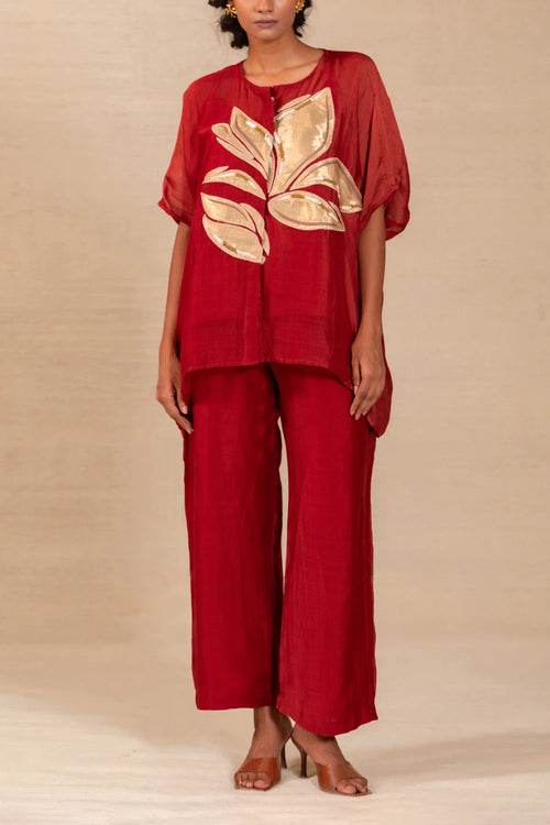 Gulnaar Red Leaf Applique Co-ord Set