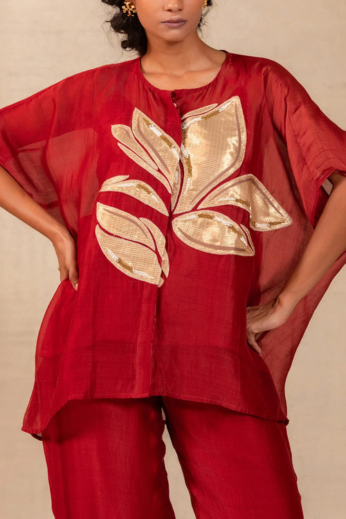 Gulnaar Red Leaf Applique Co-ord Set