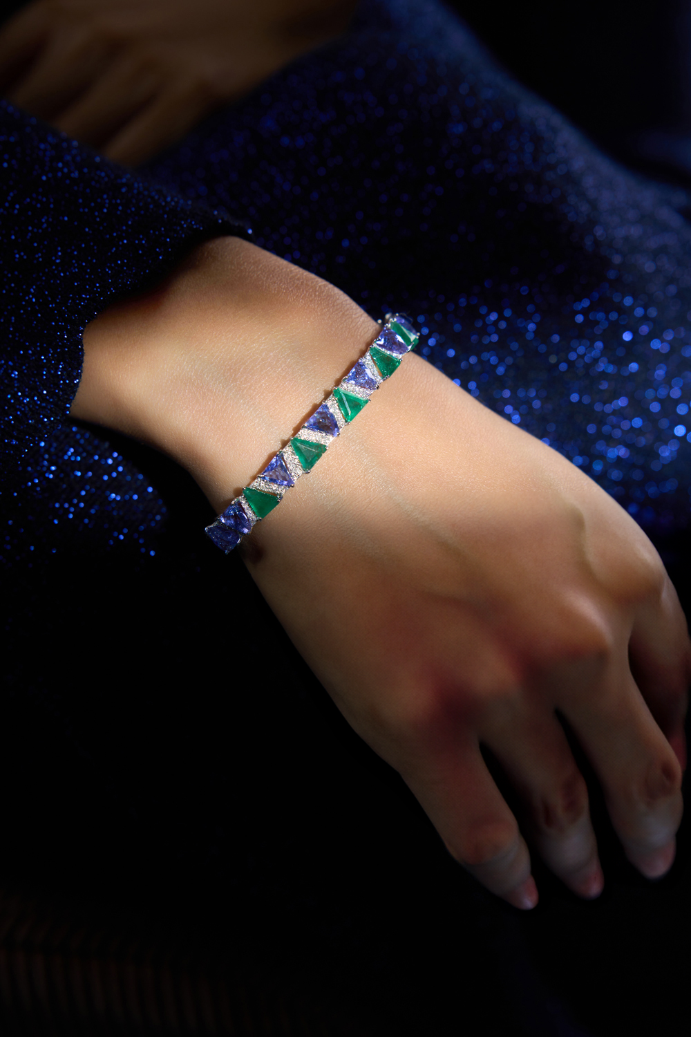 Azure Triangular Tanzanite Emerald and Diamond Bangle