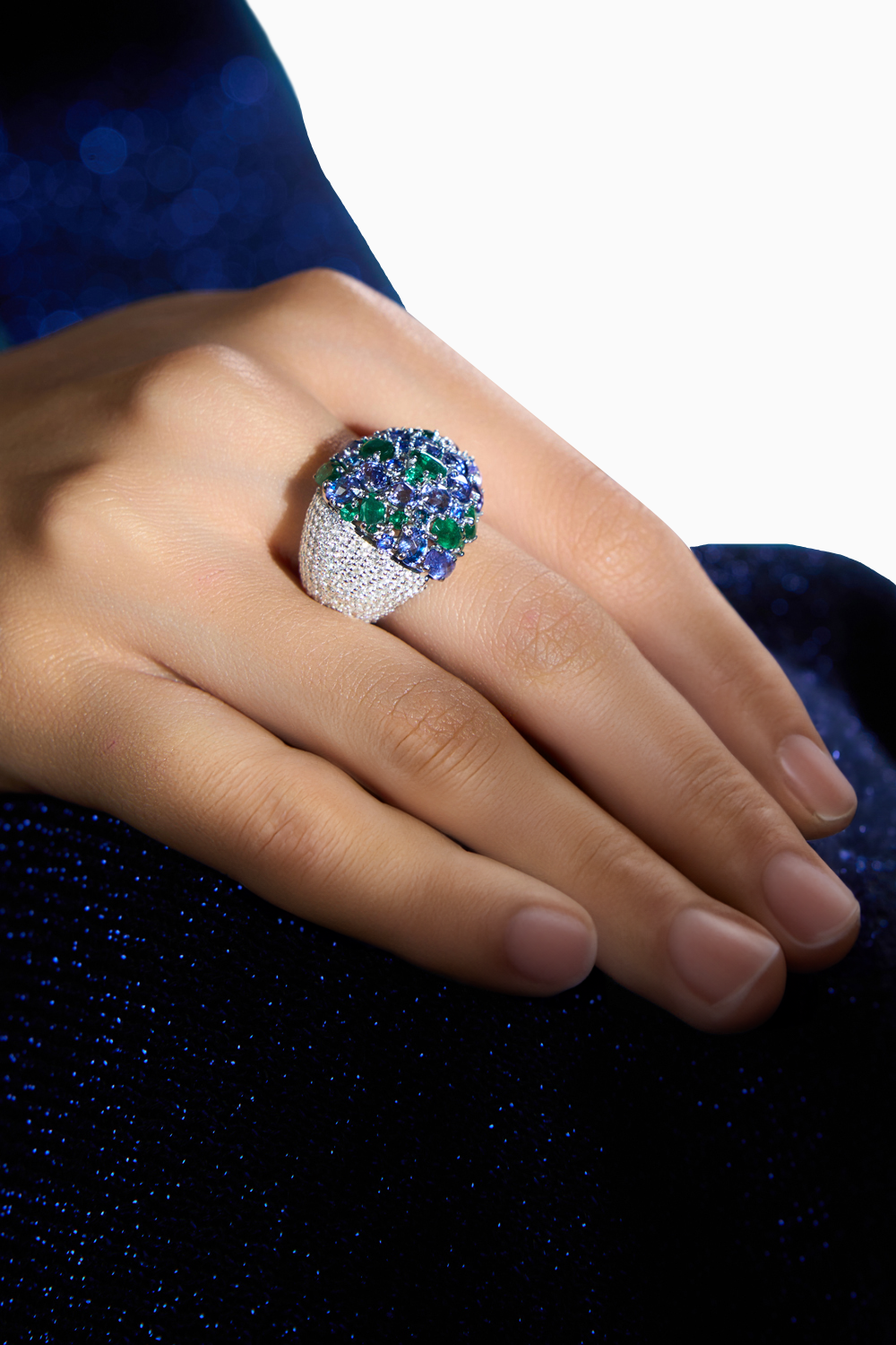 Azure Tanzanite & Emerald Domed Cluster Ring