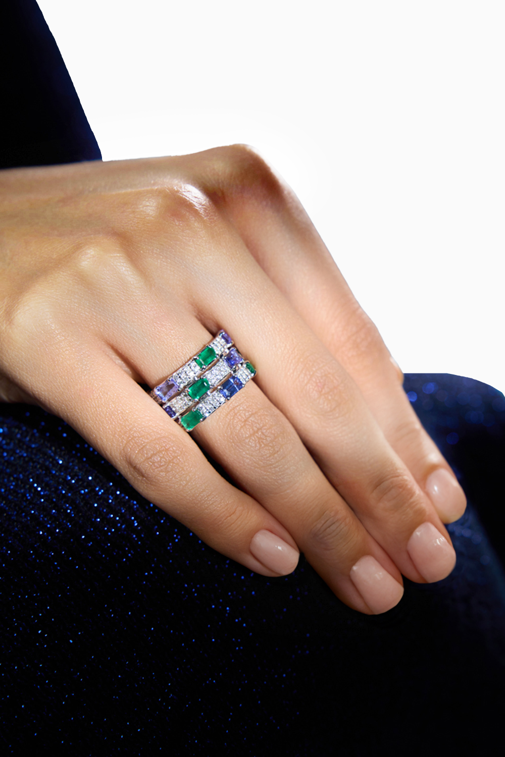 Azure Tanzanite Emerald Baguette and Diamond Band Ring