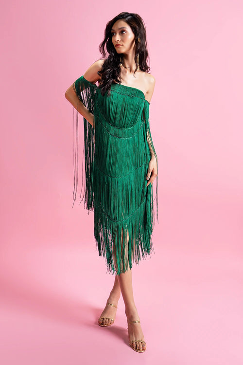 Off-Shoulder Crystal Handwork Fringe Dress