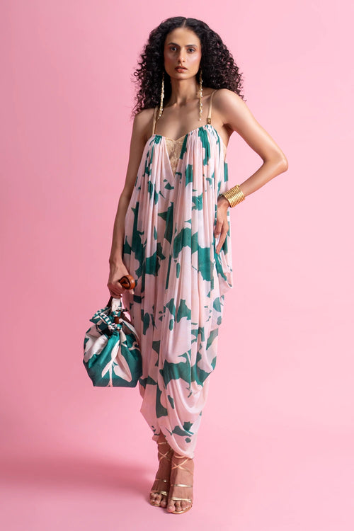 Printed Strap Cowl Drape Dress