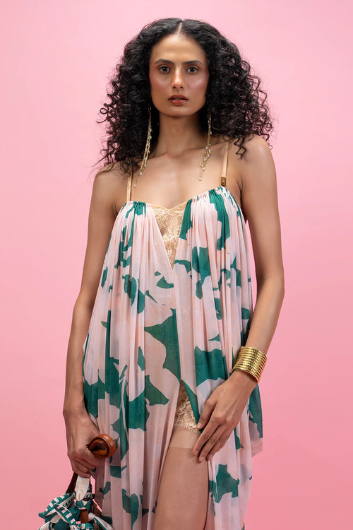 Printed Strap Cowl Drape Dress