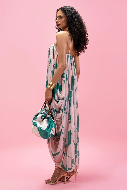 Printed Strap Cowl Drape Dress