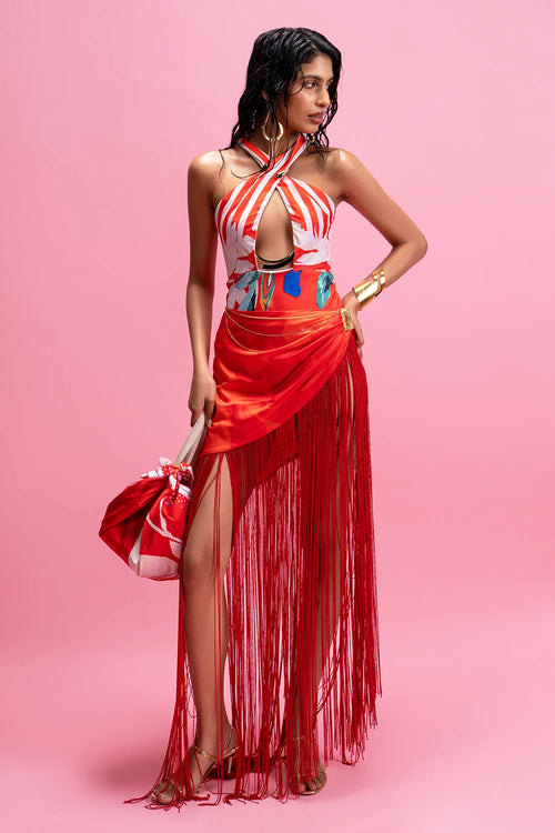 Halter Bodysuit Sunset Fringe Wrap Skirt Set
