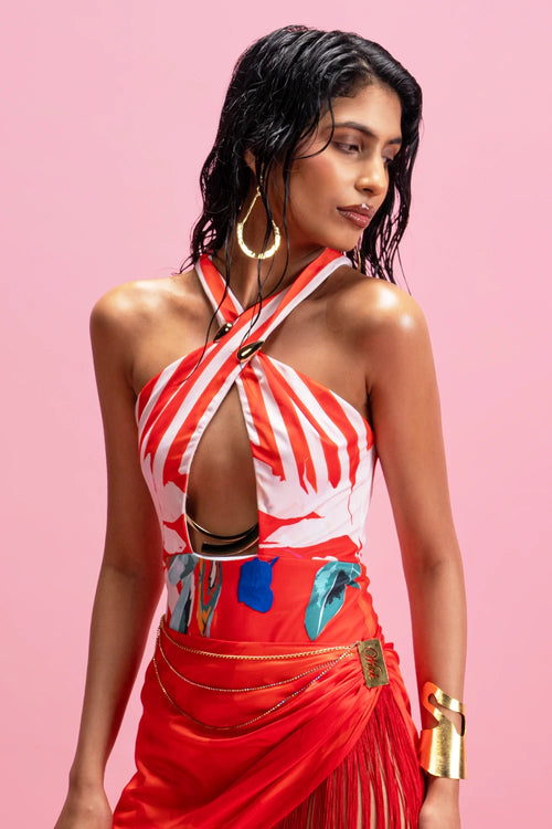 Halter Bodysuit Sunset Fringe Wrap Skirt Set