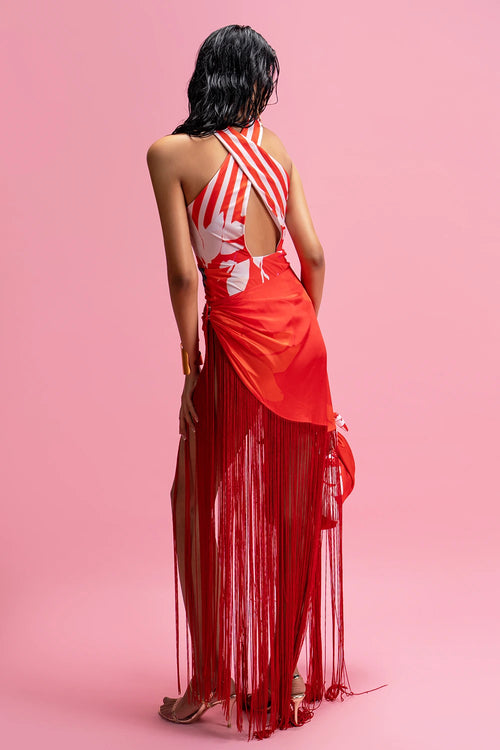 Halter Bodysuit Sunset Fringe Wrap Skirt Set
