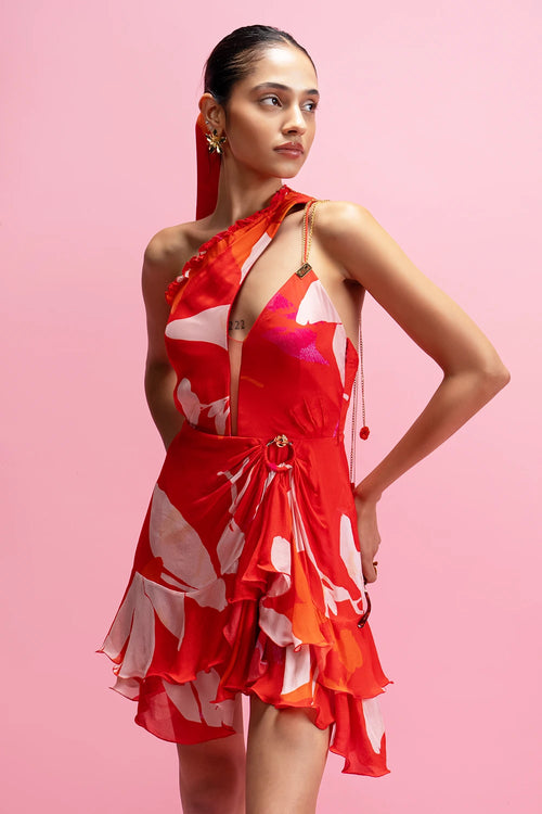Printed One-Shoulder Ruffle Mini Dress