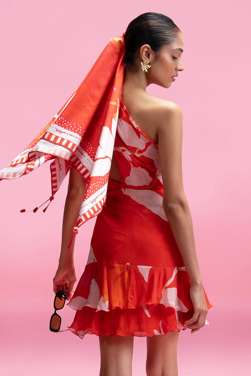 Printed One-Shoulder Ruffle Mini Dress