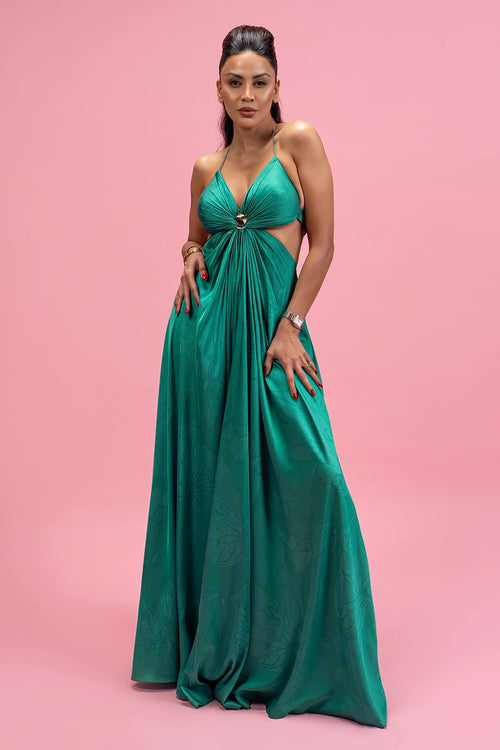 Backless Halter Drape Maxi Dress With Gold Buckle