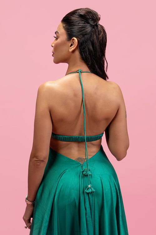 Backless Halter Drape Maxi Dress With Gold Buckle