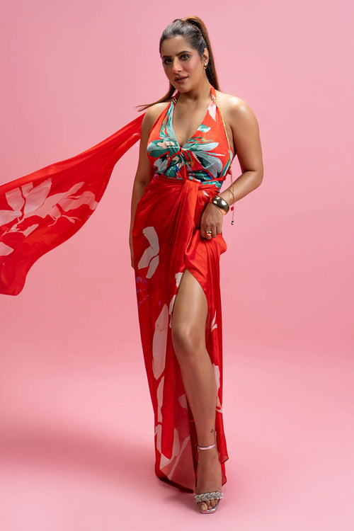 Placement Print Knot Backless Dress With Trail