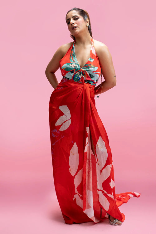 Placement Print Knot Backless Dress With Trail