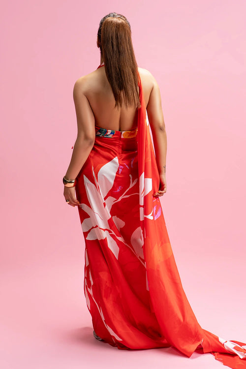 Placement Print Knot Backless Dress With Trail