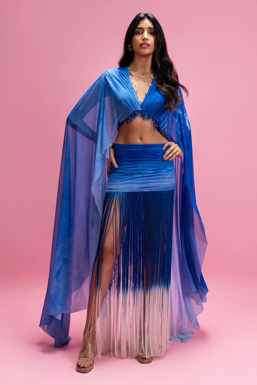 Draped Set With Ombré Fringe Skirt