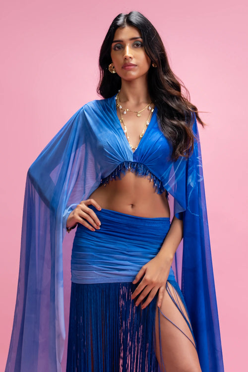 Draped Set With Ombré Fringe Skirt