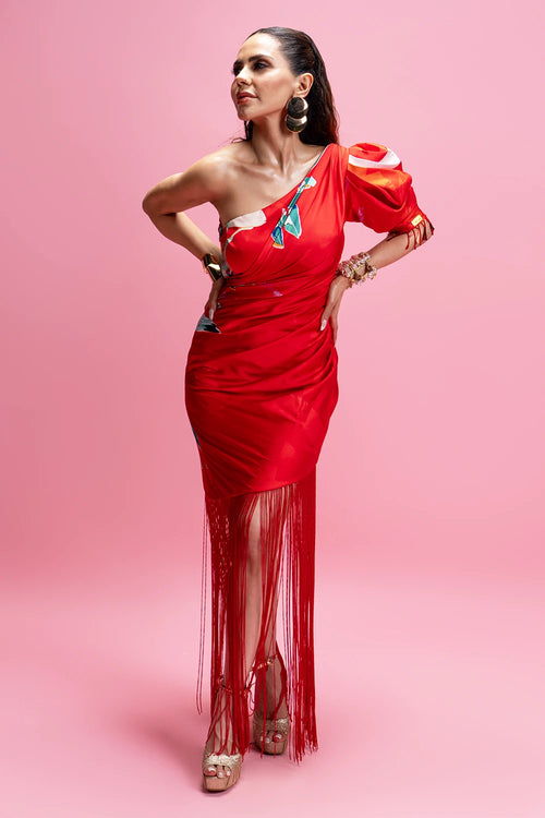 One-Shoulder Draped Midi Dress With Fringes