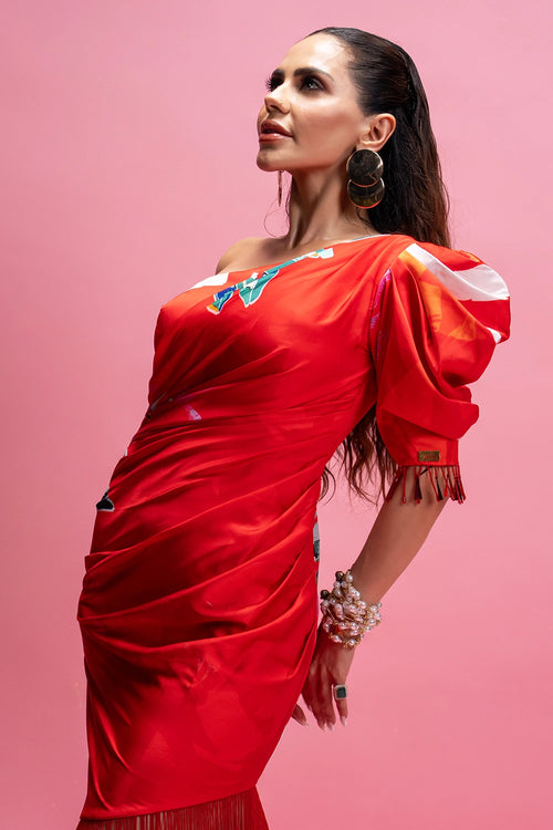 One-Shoulder Draped Midi Dress With Fringes