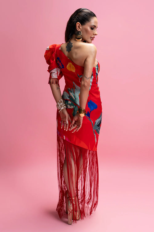 One-Shoulder Draped Midi Dress With Fringes