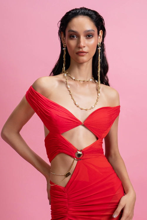 Off-Shoulder Draped Gown With Built-In Bodysuit