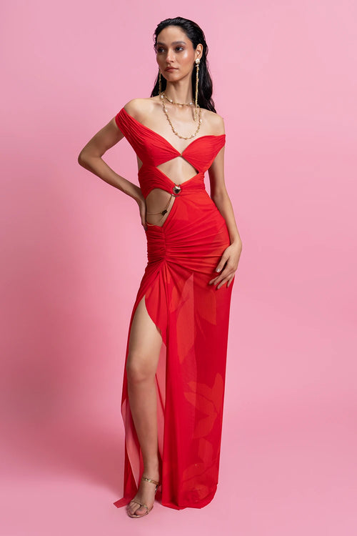 Off-Shoulder Draped Gown With Built-In Bodysuit