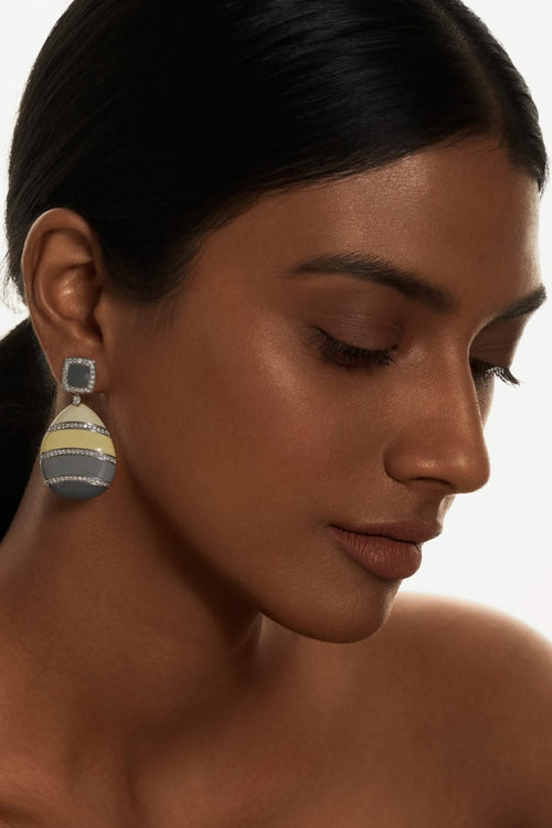 Off White, Grey Enamel and Diamond 18KT Gold Earrings