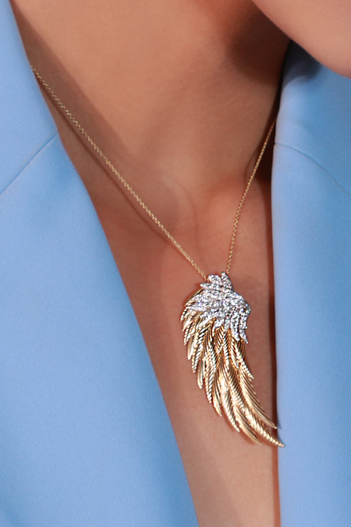 Textured Gold and Diamonds Winged Pendant with Thin Chain