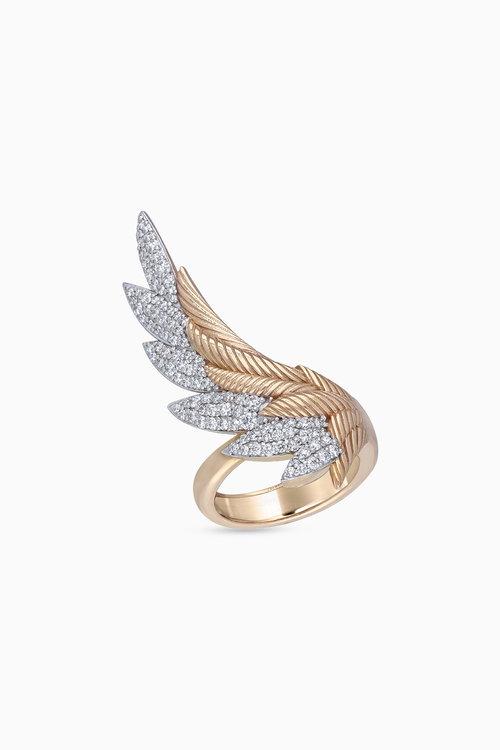 Single Winged Ring in Textured Gold with a hinge of Diamonds