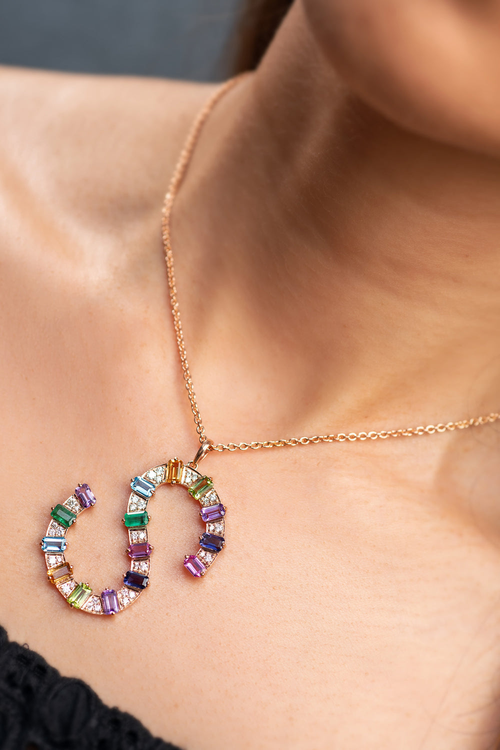 Small Personalised Multi-coloured Initial Pendant in 18KT Rose Gold