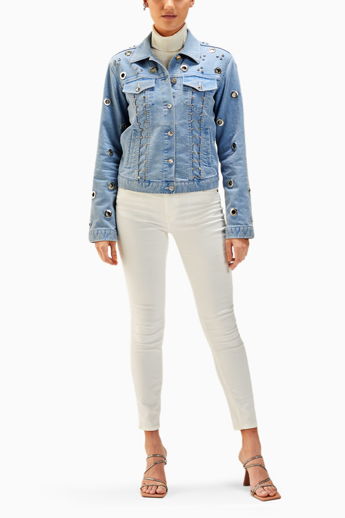 Light Wash Eyelet Embellished Denim Jacket