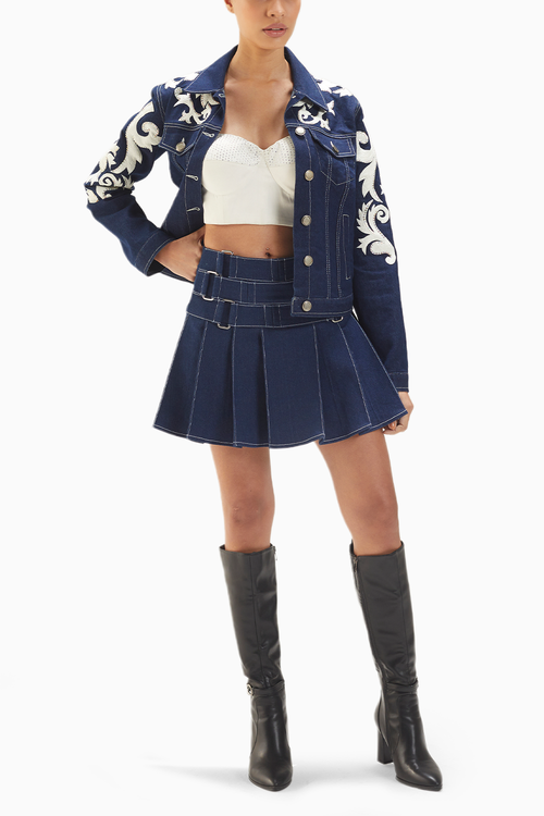 Dark Blue Leather Applique Denim Jacket With Pleated Skirt