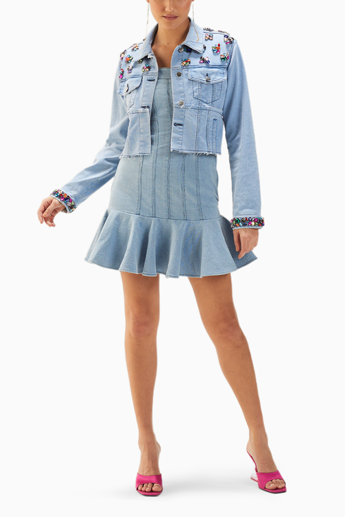 Light Wash Denim Off Shoulder Dress With Stones Embellished Jacket