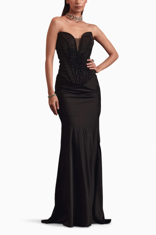 Black Corset Embellished Top With Satin Skirt
